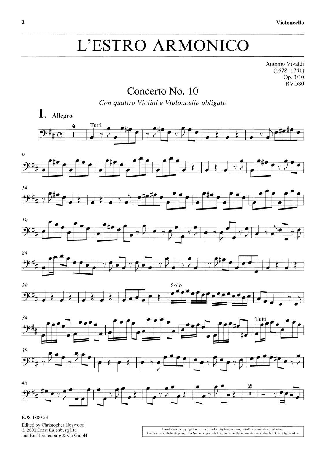 ヴィヴァルディ：合奏協奏曲集「調和の霊感」 Op.3: 10. 4台のバイオリンとチェロのための協奏曲 ロ短調 F.IV
