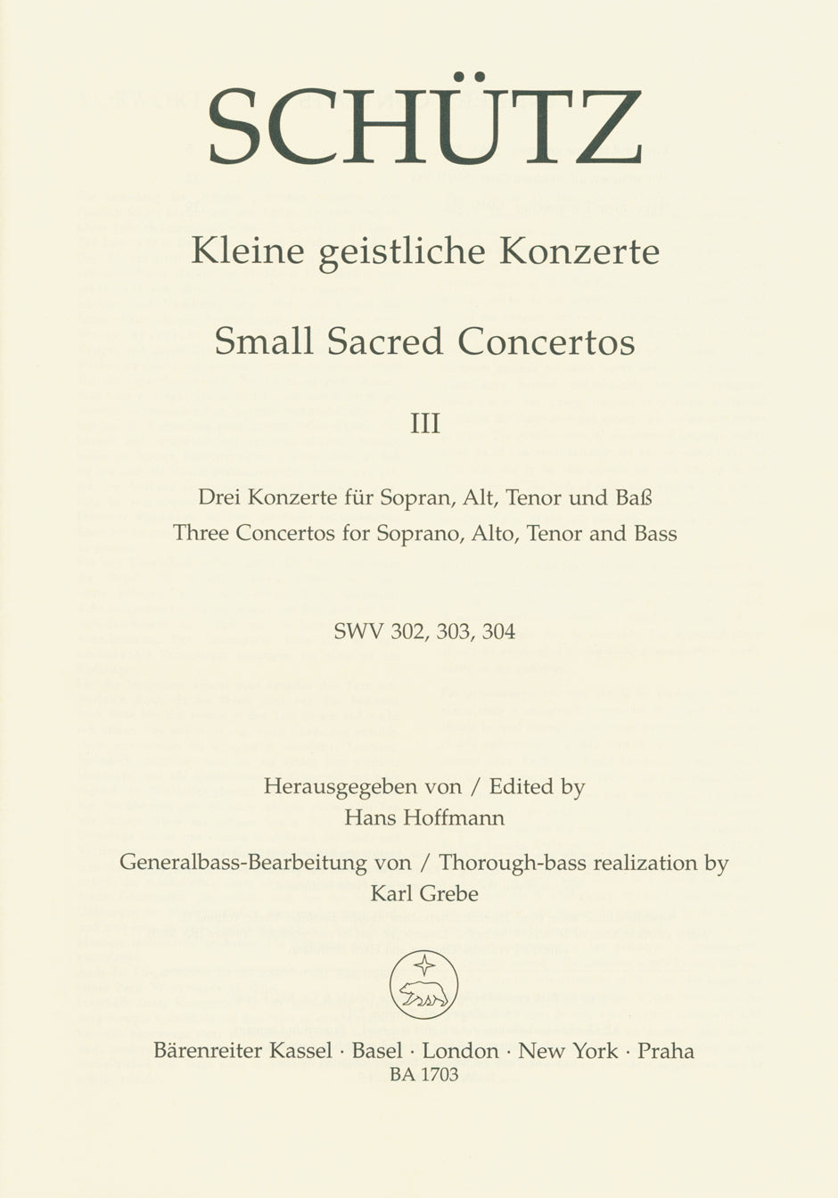 シュッツ:小宗教コンチェルト集 第3巻: SWV 303-304/原典版/Hoffmann & Ehmann編 【輸入:合唱とピアノ】