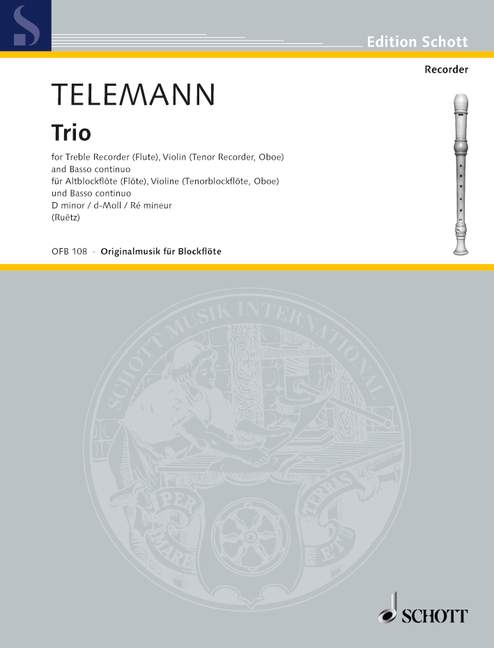 テレマン:三重奏曲 ニ短調(Rec/Fl,Vl,B.C.)/Ruetz編 【輸入:室内楽(パート譜)】