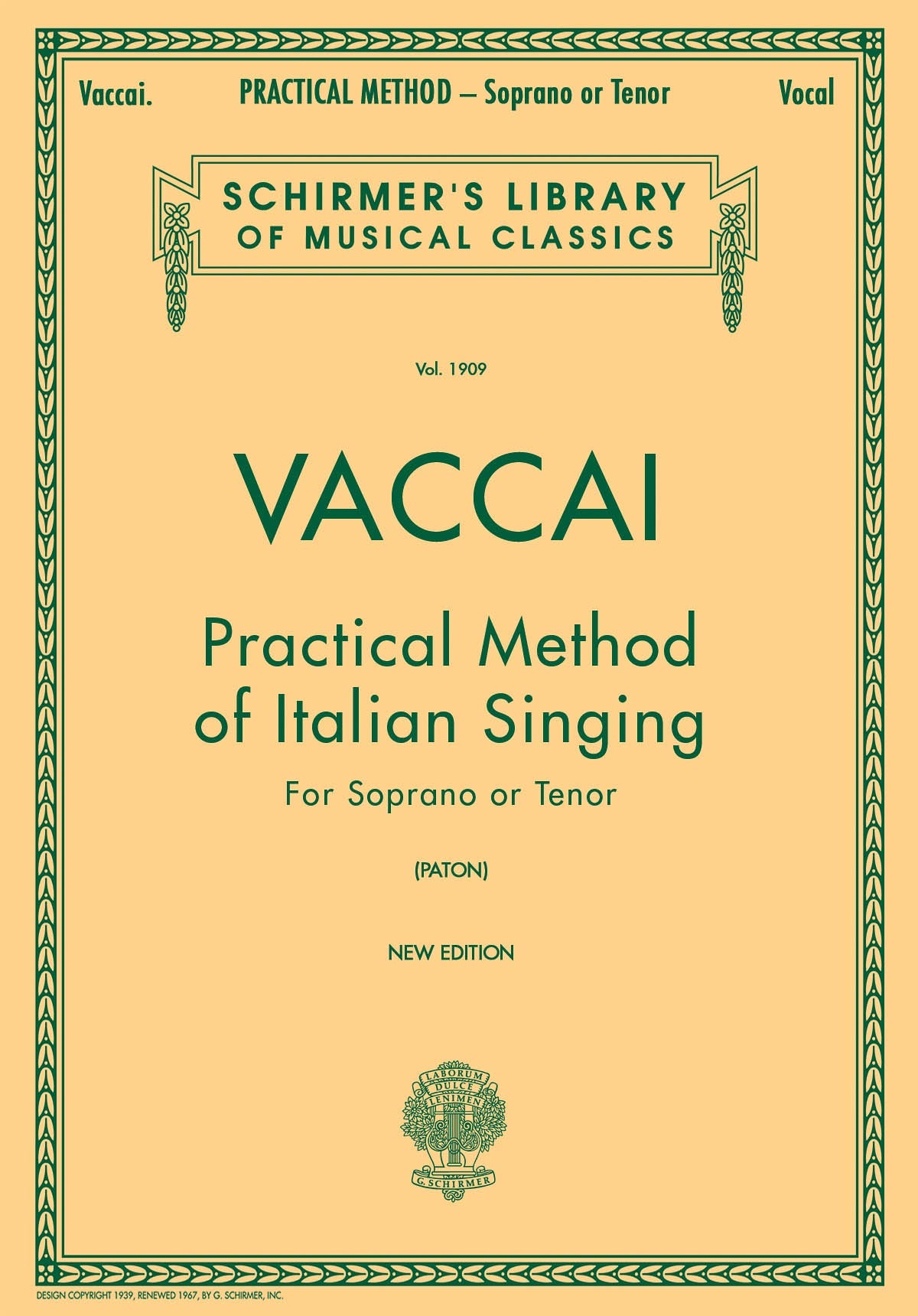 ヴァッカイ:イタリア歌曲用教則本: ソプラノまたはテノール篇 【輸入:ヴォーカル】