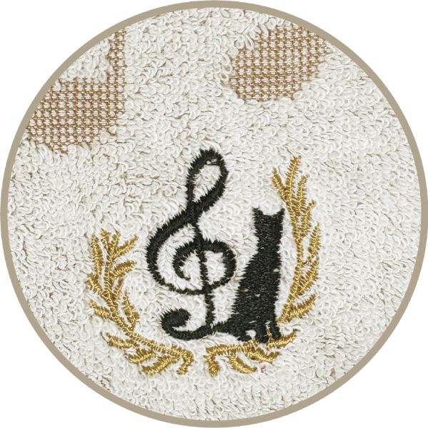 刺繍付きジャガードタオルハンカチ 音楽とネコ