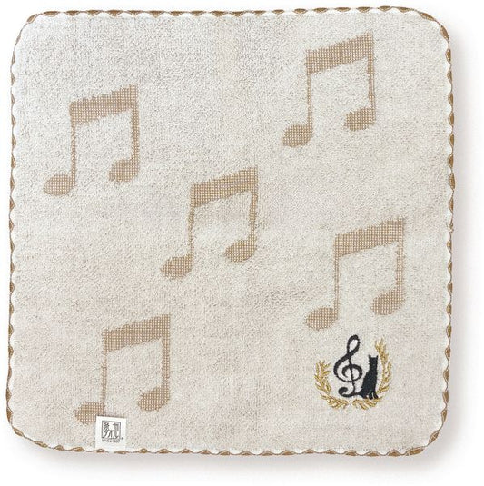刺繍付きジャガードタオルハンカチ 音楽とネコ