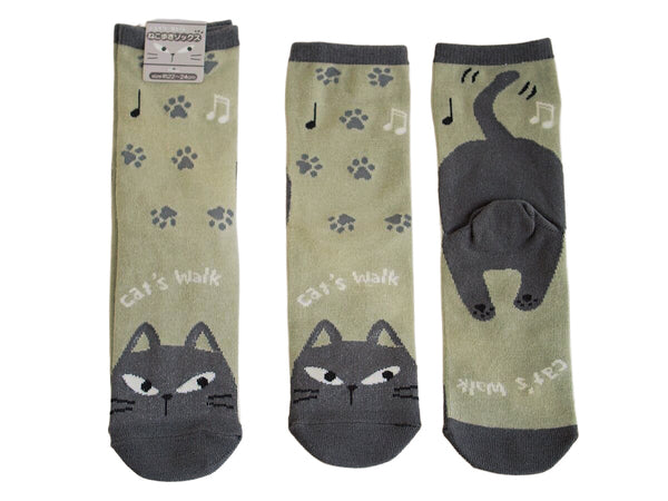 ねこ歩きソックス灰ベージュ