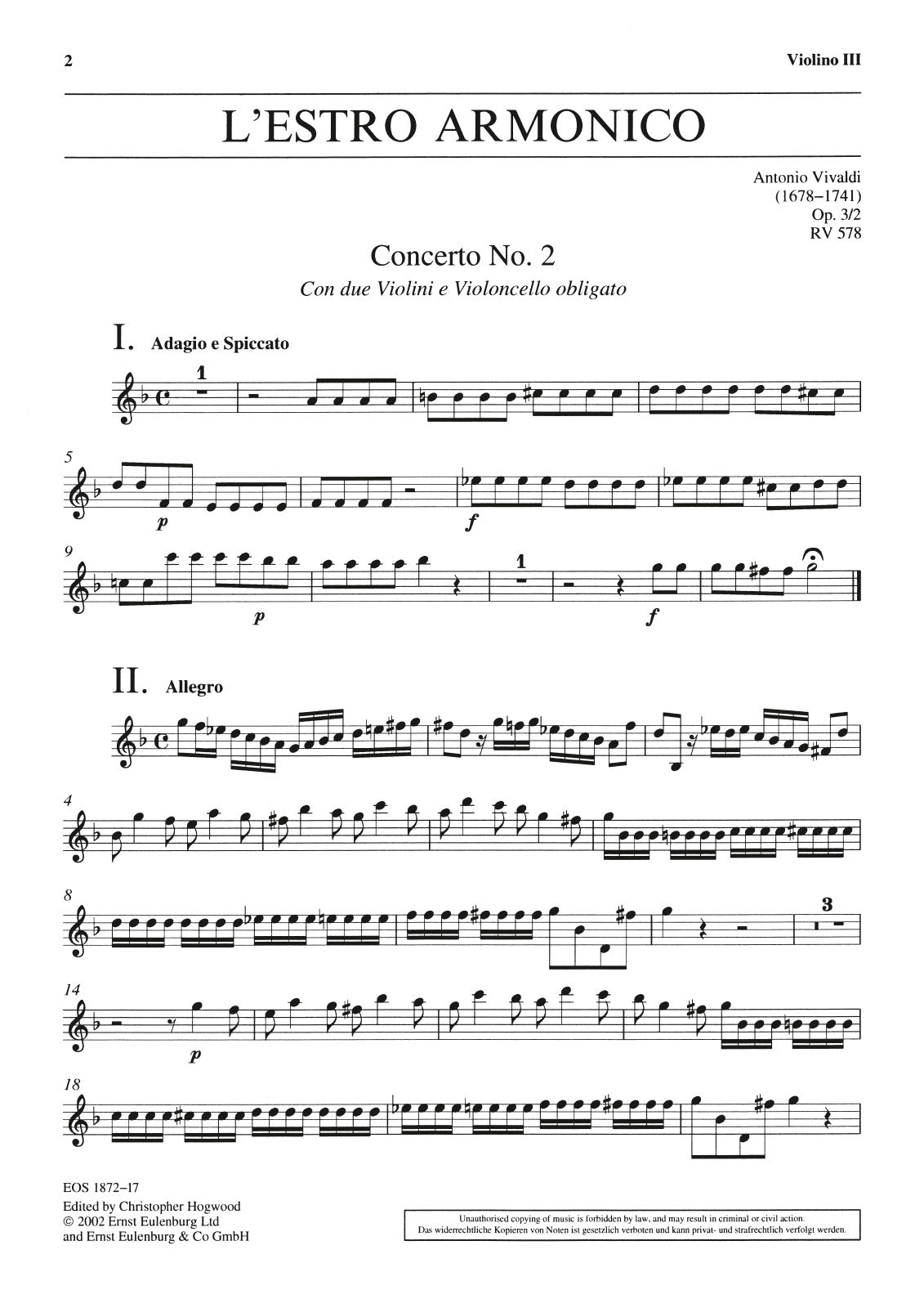 ヴィヴァルディ：合奏協奏曲集「調和の霊感」 Op.3: 2. 2本のバイオリンとチェロのための協奏曲 ト短調 F.IV, N.8 RV 578/ホグウッド編: バイオリン 3 【輸入：オーケストラ･パート譜】