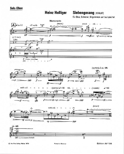 ホリガー：7の歌曲 (1966年-67年作): ソロ・オーボエ・パート 【輸入：オーケストラ･パート譜】