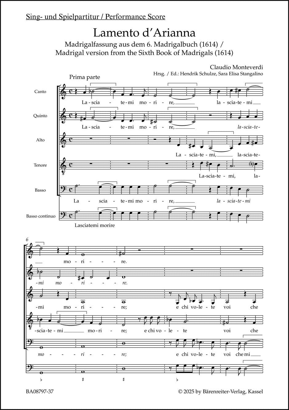 モンテヴェルディ：アリアンナの嘆き/通奏低音付混声五部合唱/Schulze ＆ Stangalino編(マドリガル版): 合唱スコア 【輸入：合唱】