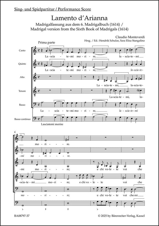 モンテヴェルディ：アリアンナの嘆き/通奏低音付混声五部合唱/Schulze ＆ Stangalino編(マドリガル版): 合唱スコア 【輸入：合唱】