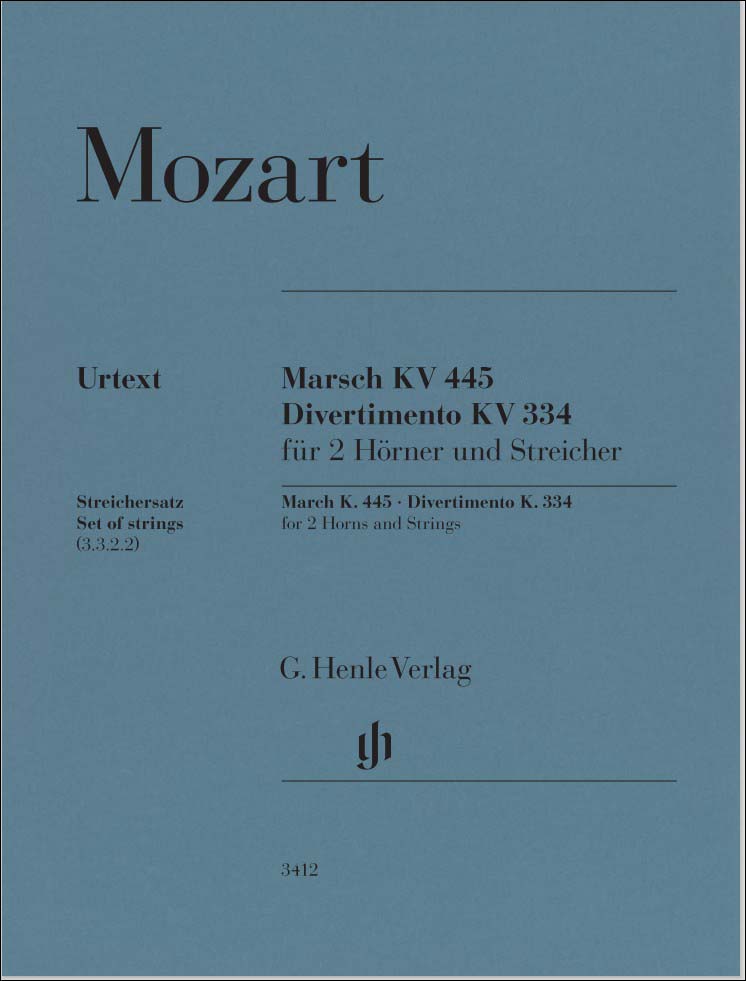 モーツァルト：行進曲 ニ長調 KV 445 と ディヴェルティメント 第17番 ニ長調 KV 334 ～2本のホルン, 2本のバイオリン, ビオラと通奏低音/原典版: 弦パート譜セット(3/3/2/2) 【輸入：室内楽(パート譜)】