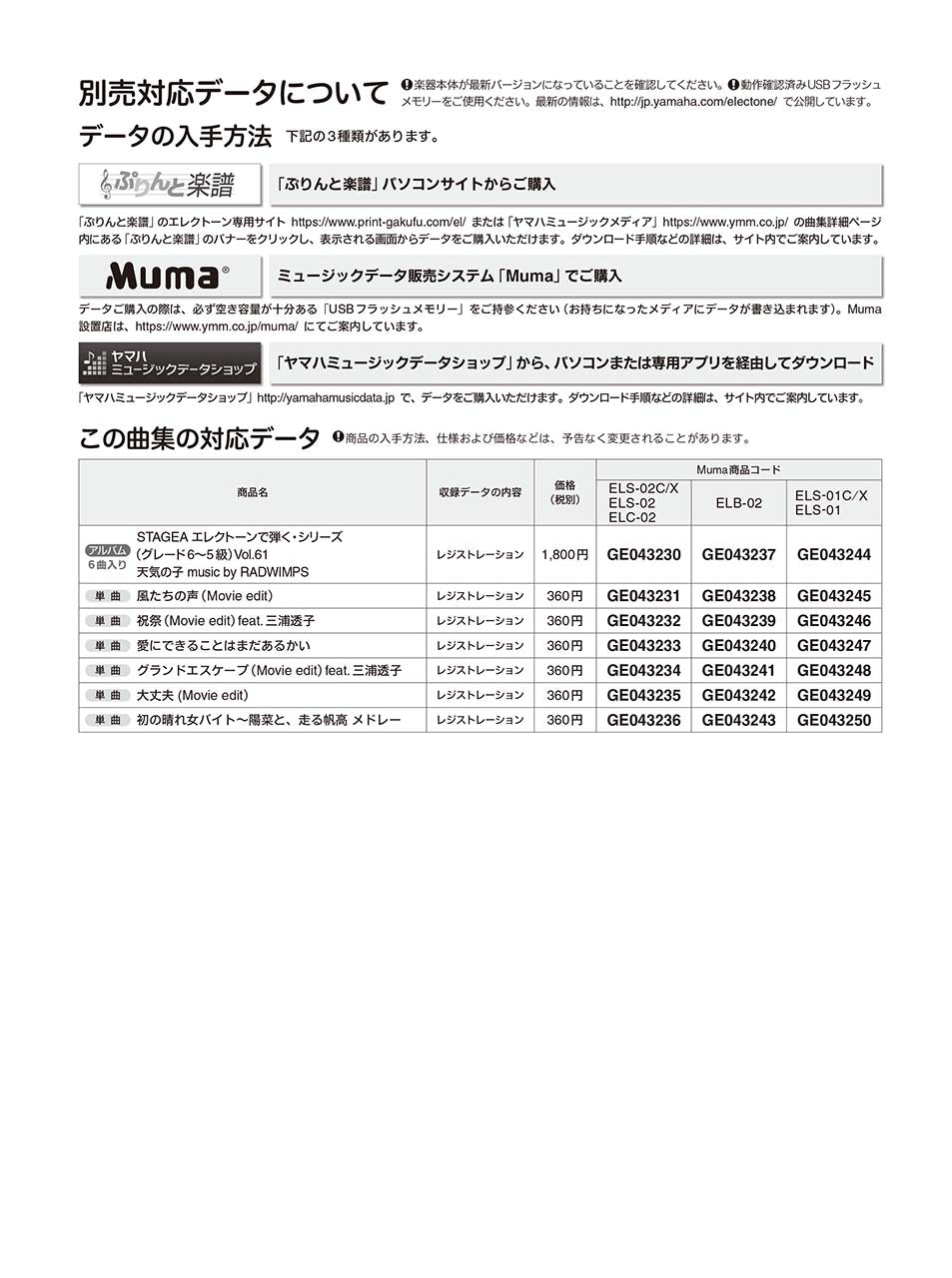 STAGEA エレクトーンで弾く 6～5級 Vol.61 天気の子 music by RADWIMPS
